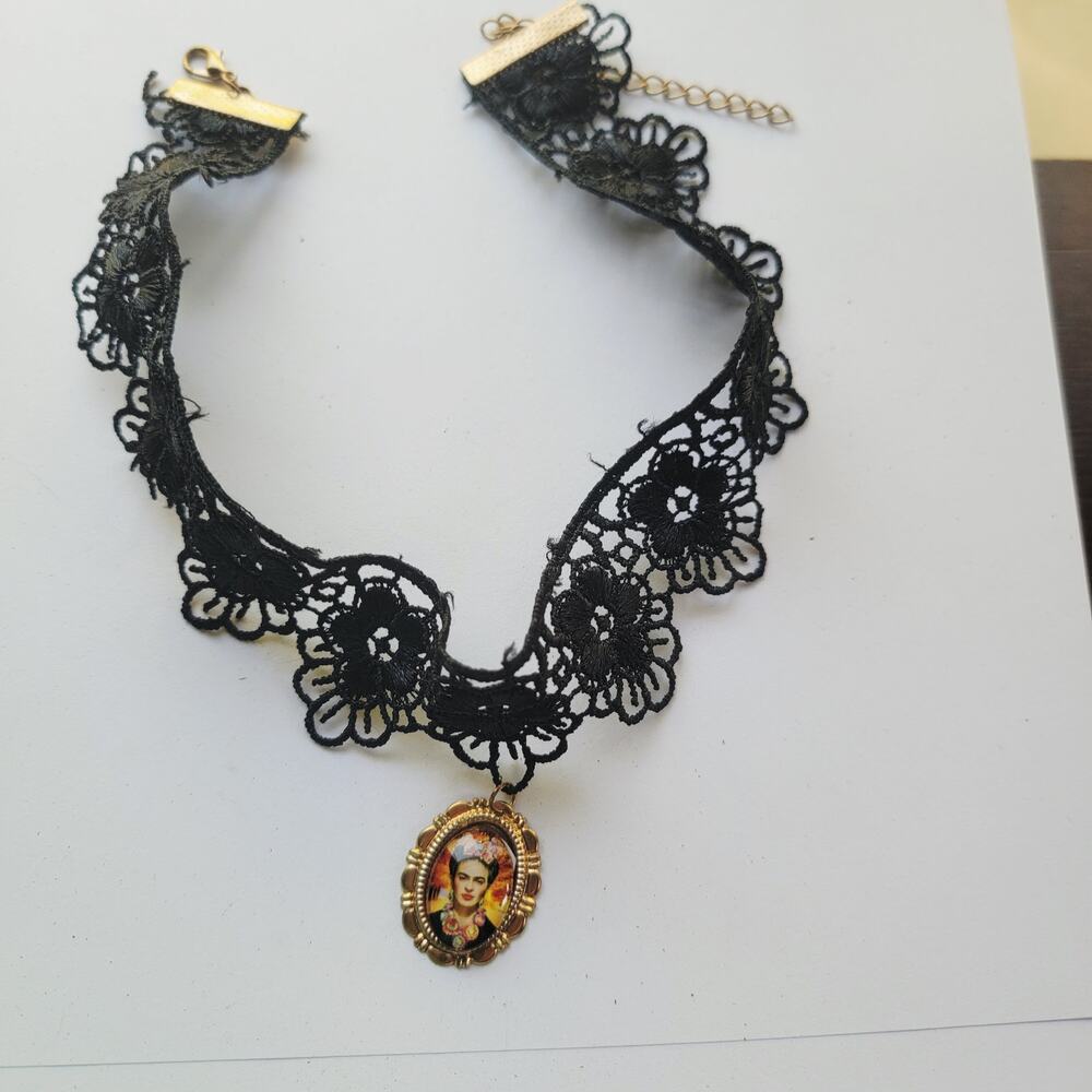 Black Lace Choker Necklace with Framed Portrait Pendant